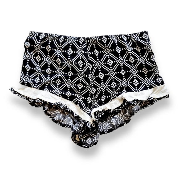 Pants - Black + white Y2k low sitting summer beach shorts with frill edges fits AU 4-10
